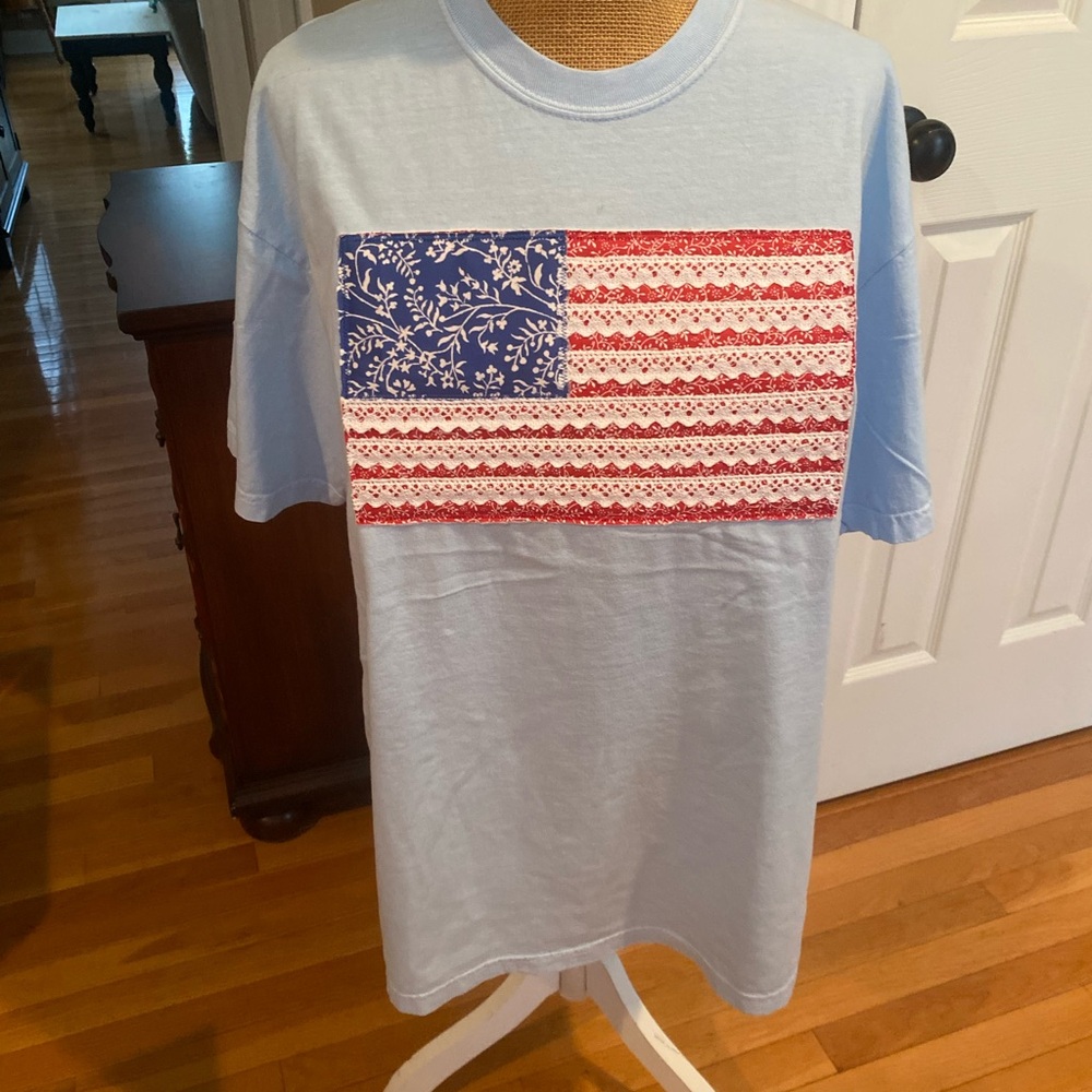 Light Blue T-Shirt with American Flag Design